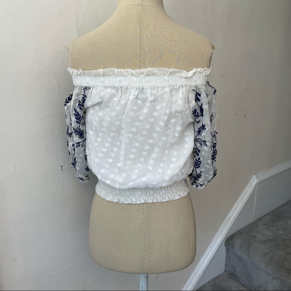 MISA Los Angeles White Ingrid Off-the-Shoulder Blue Floral Embroidered Crop Top - Picture 5 of 10